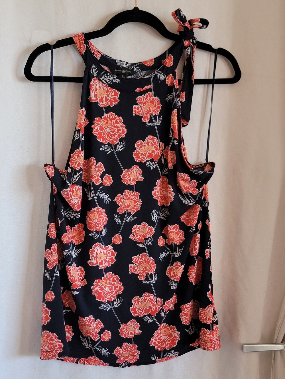 Banana Republic Black Tank with Coral Floral Print and Tie Shoulder